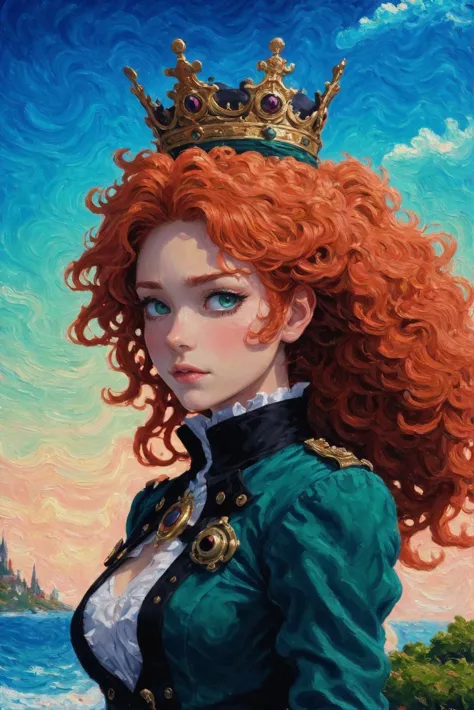 a painting of a woman with red hair wearing a crown