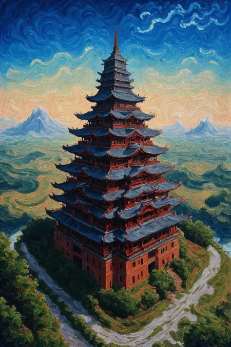 a painting of a pagoda in a mountainous area with a mountain in the background