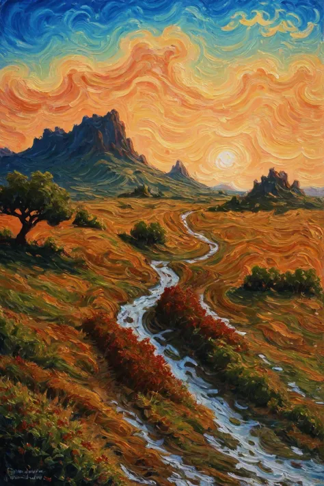 a painting of a river running through a field with a mountain in the background