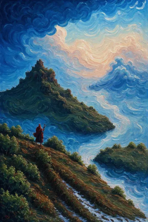 painting of a man standing on a hill overlooking a body of water