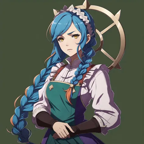 anime girl with blue hair and a long tail holding a scythe