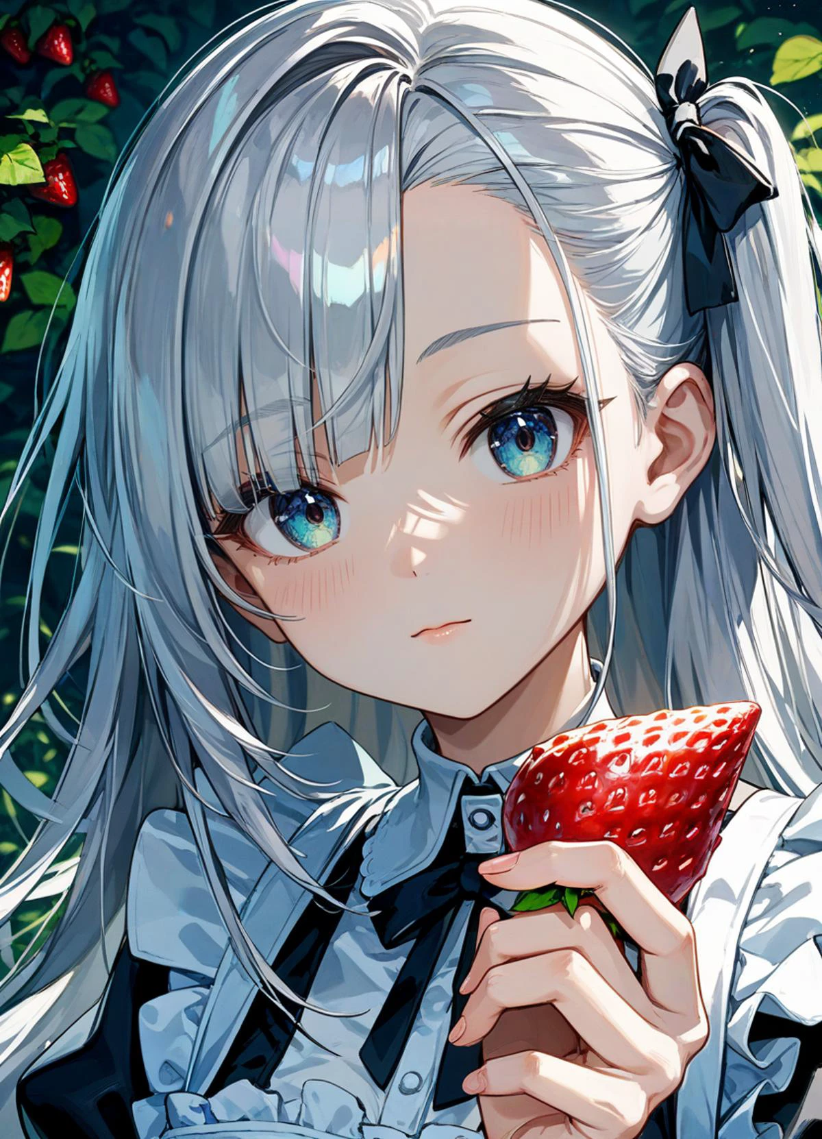 score_9, score_8_up, score_7_up ,source_anime masterpiece, best quality, perfect anatomy , very aesthetic , official art,BRAKE
1girl, solo, silver hair, one side up, long hair, asymmetrical bangs, maid's outfit, close-up of face, looking at viewer, holding strawberry,  in hand, strawberry,