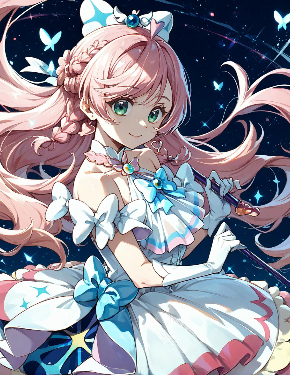 score_9,score_8_up,score_7_up,score_6_up,score_5_up,score_4_up,
1girl,cureprism,soaring sky! pretty cure,pink hair,gloves,white gloves,magical girl,jewelry,hair ornament,dress,bare shoulders,
