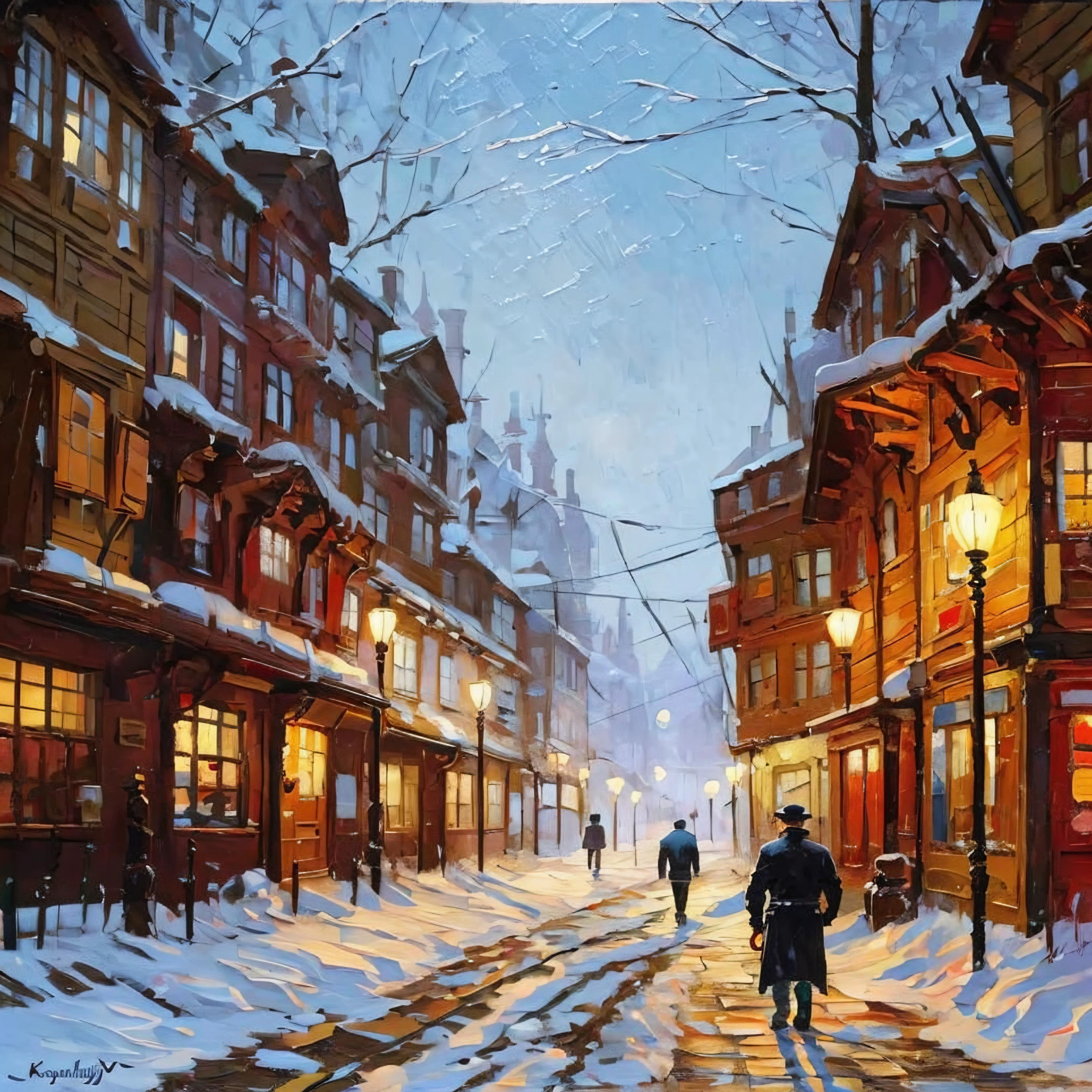 a painting of a man walking down a snowy street, inspired by Vladimir Makovsky, inspired by Vasily Surikov, inspired by Nikolay Makovsky, inspired by Aleksandr Ivanovich Laktionov, inspired by Konstantin Makovsky, inspired by Yuri Ivanovich Pimenov, inspired by Tibor Rényi, soviet paintings, inspired by F Scott Hess 
