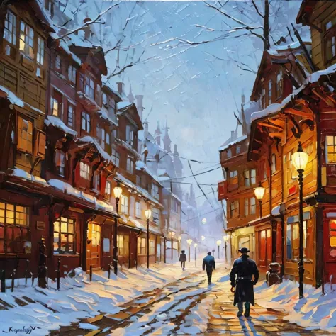 a painting of a man walking down a snowy street, inspired by Vladimir Makovsky, inspired by Vasily Surikov, inspired by Nikolay ...