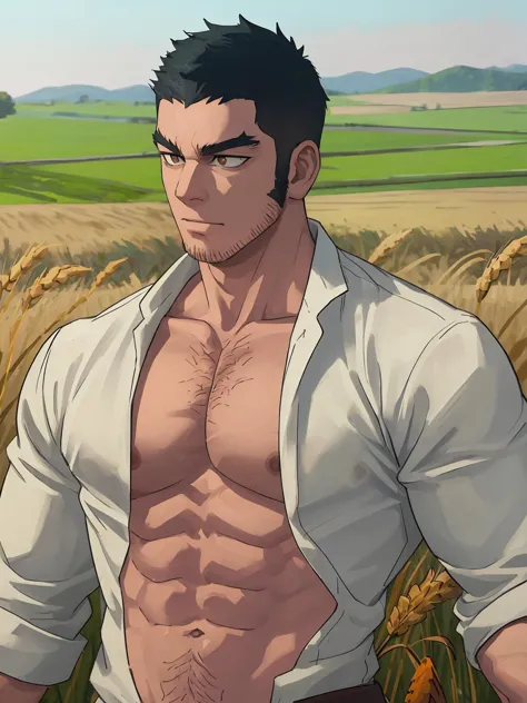 a close up of a man in a shirt standing in a field