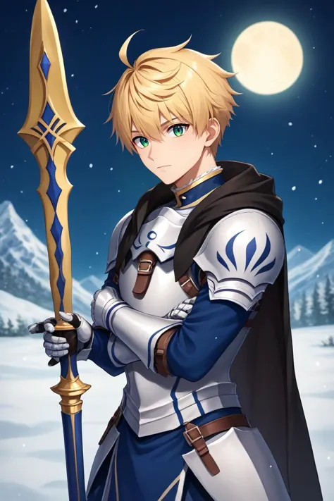 a man in armor holding a sword in front of a full moon