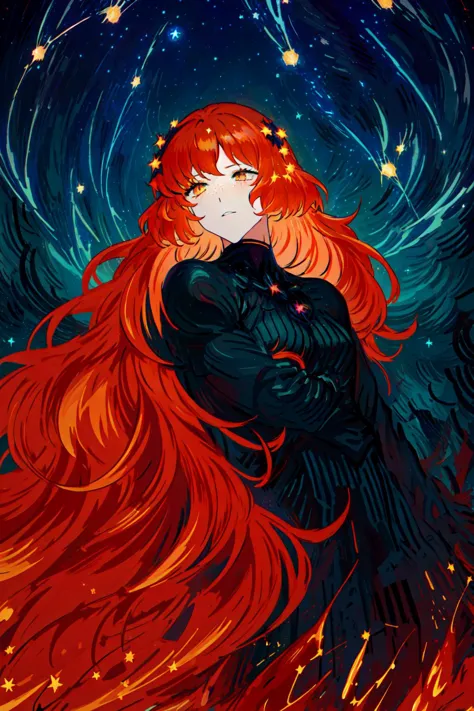 a woman with long red hair and a black dress standing in front of a starr sky