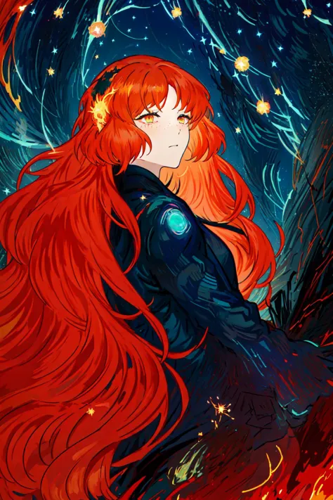 a woman with long red hair and a black outfit is sitting in front of a fire