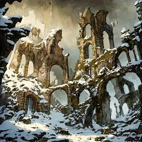 landscape, ruins, one tower, only one,  snow, landscape snow, falling, people in front of, little people, people outside of tower, sand, seen from afar, tower only <lora:FantasyRuins:1>