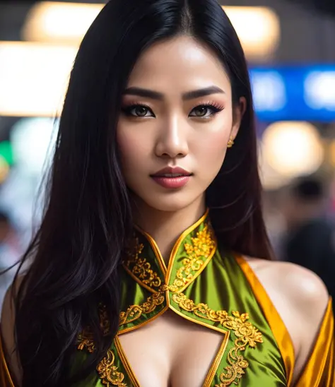 a professional studio upper-torso portrait photo of a seductive slim thai racing girl posing at (bangkok international motor show), wearing intricate latex (ancient hanfu dress:1.2), flowy long wide sleeve, large breasts, topless, moody portrait, striking features, beauty, intricate details, dramatic composition, tension, wispy hair, contrast, sweaty shiny skin, texture, realism, high-quality rendering, stunning art, high quality, film grain, Fujifilm XT3, detailed skin, volumetric fog