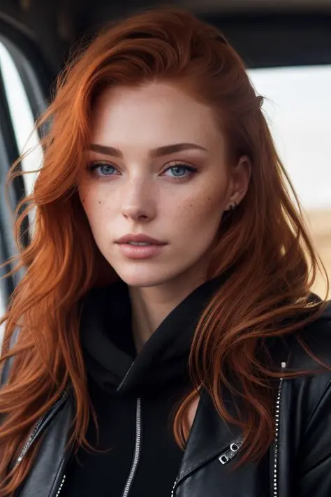 a photo of a seductive woman with loose styled (redhead hair:1.1), bored, she is wearing a hoodie and black leather jacket and l...