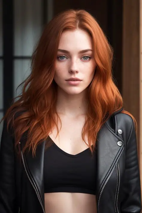 a photo of a seductive woman with loose styled (redhead hair:1.1), bored, she is wearing a hoodie and black leather jacket, masc...