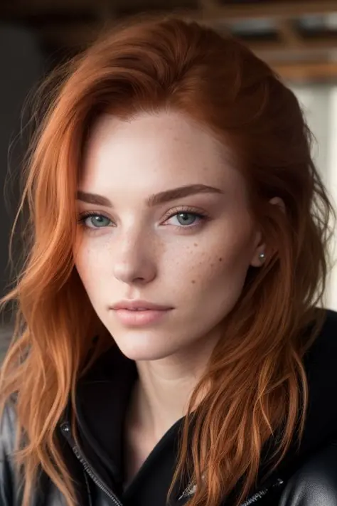 a photo of a seductive woman with loose styled (redhead hair:1.1), bored, she is wearing a hoodie and black leather jacket, mascara, (textured skin, skin pores:1.1), (moles:0.8), imperfect skin, goosebumps, flawless face, (light freckles:0.9), (sun-kissed:1.1), ((photorealistic):1.1), (raw, 8k:1.3), <lora:to8contrast-1-5:0.4>