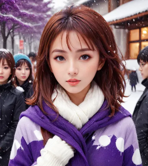 A close up of a woman in a purple sweater and scarf - SeaArt AI