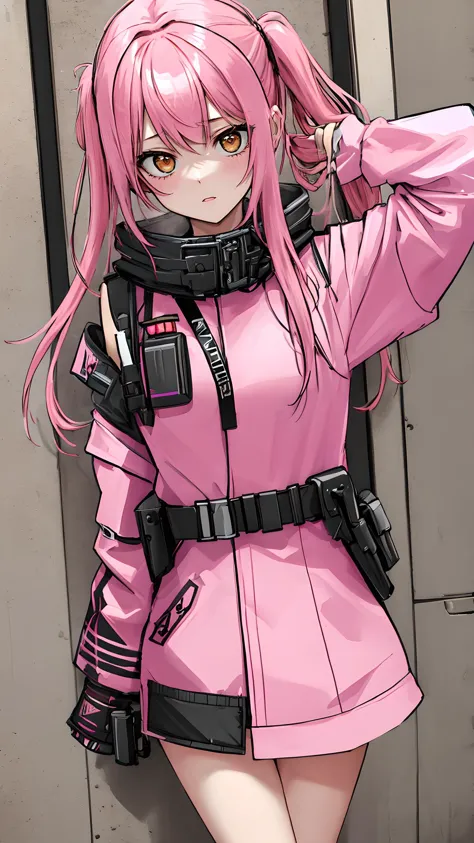 a close up of a person in a pink outfit with a gun