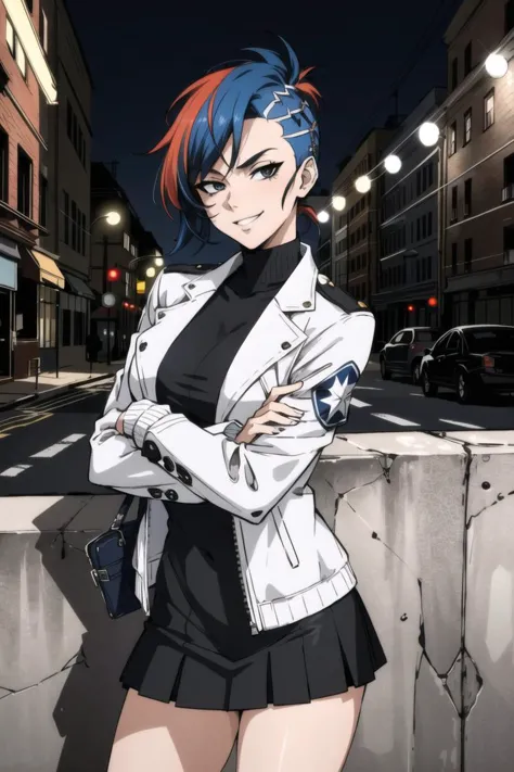 a woman in a white jacket and black skirt standing on a street