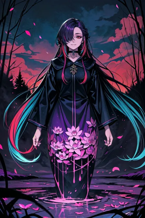 a girl with long hair and blue hair standing in water with pink flowers