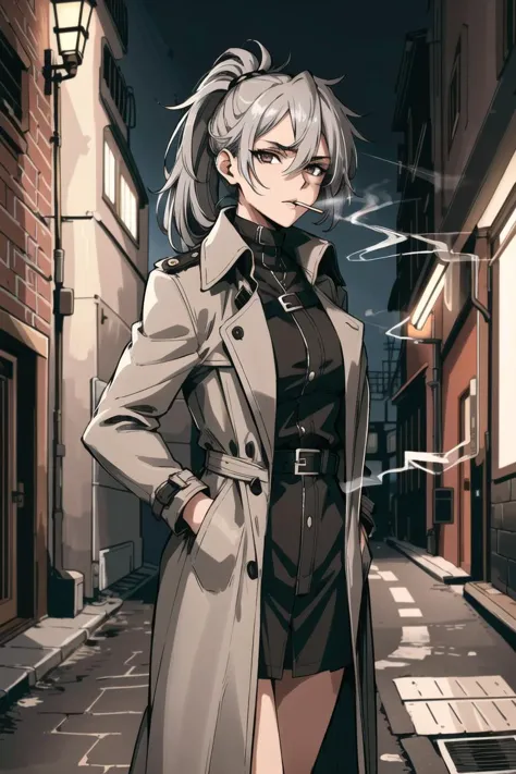 masterpiece, high quality, sharp focus, a 25yo detective woman, gray hair in a ponytail, wearing a trench coat, smoking a cigare...