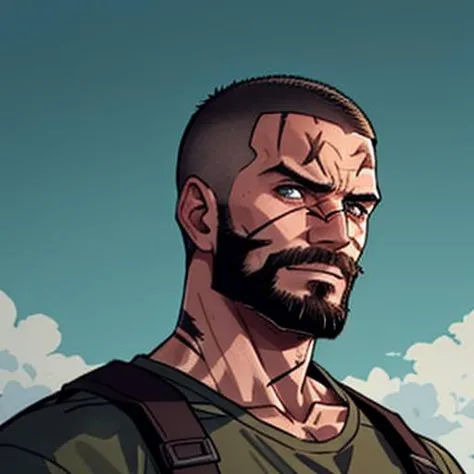 a man, grizzled and war-hardened,  bored look. looking off into the distance, tough, scars, buzz cut
