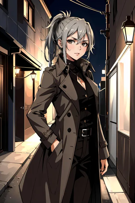 masterpiece, high quality, sharp focus, a 25yo detective woman, gray hair in a ponytail, wearing a trench coat, bright brown eye...