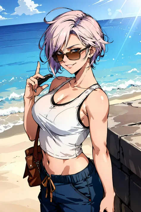 masterpiece, (sharp focus), a woman with colored hair, cool haircut, wearing sunglasses, tank top, baggy pants, front view, conf...