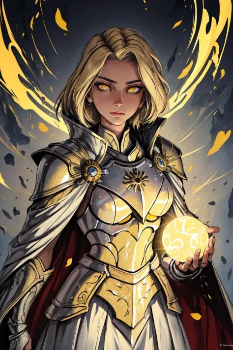 (obra maestra, mejor calidad), detalles intrincados, 8K, estación de arte, fondo de pantalla, arte oficial, arte salpicado, enfoque nítido, blonde sol sorceress Rach999:0.5 lineales, holding an orb of luz in her hand,  ojos amarillos brillantes, pelo corto parte media, falda blanca, Acero (Coraza Paladín), (capa amarilla), sol|luz|uniforme de mago, figura delgada y femenina, brazos desnudos,
