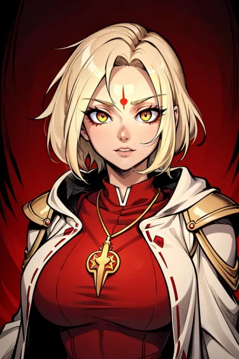 ((best quality)), ((masterpiece)), (detailed), absurdres, portrait, female, pale skin, large breasts, short hair, blonde hair, white eyes, (third eye:1.2), glowing eyes, (warpriest:1.2), priest helmet, pendant, (ebony armor), beige clothes, (red fabric), solo, solo focus,