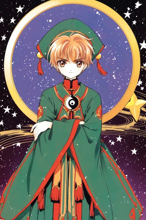 a woman in a green dress and red cape with a star in the background