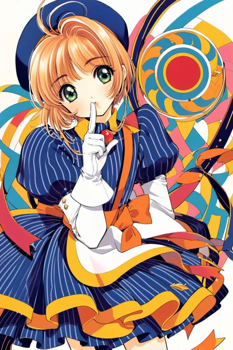 1girl,solo,kinomoto sakura,green eyes,hat,gloves,dress,white background,striped,white gloves,short hair,simple background,looking at viewer,long sleeves,puffy sleeves,antenna hair,apron,brown hair,blue dress,finger to mouth,1990s (style),juliet sleeves,index finger raised,retro artstyle,vertical stripes,:o,striped dress,blue headwear,bangs,<lora:Card Captor Sakura_XL:0.8>,