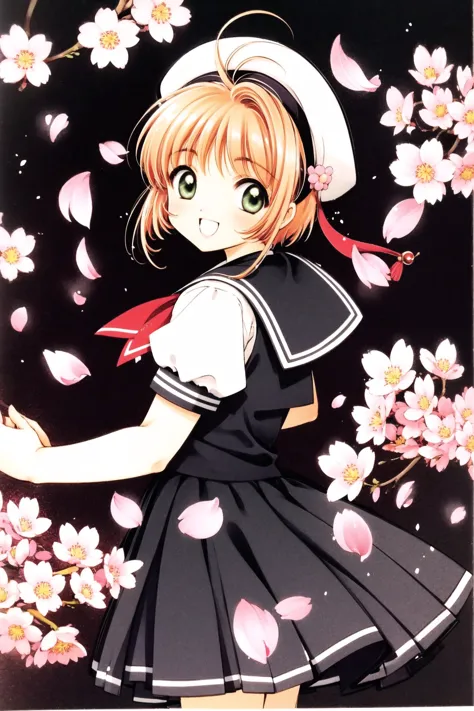 1girl, kinomoto sakura, solo,tomoeda elementary school uniform, green eyes, brown hair, skirt, school uniform, open mouth, hat, short sleeves, short hair, looking at viewer, smile, petals, puffy sleeves, black skirt, puffy short sleeves, antenna hair, white headwear, looking back, cherry blossoms, sailor collar, :d, white shirt, shirt, bangs, arms behind back,  <lora:Card Captor Sakura_v2:0.8>