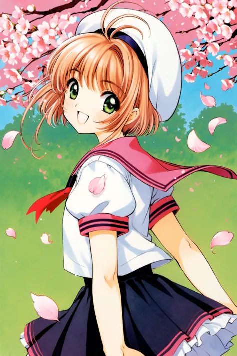 1girl,kinomoto sakura,solo,tomoeda elementary school uniform,green eyes,brown hair,skirt,school uniform,open mouth,hat,short sleeves,short hair,looking at viewer,smile,petals,puffy sleeves,black skirt,puffy short sleeves,antenna hair,white headwear,looking back,cherry blossoms,sailor collar,:d,white shirt,shirt,bangs,arms behind back,traditional media,<lora:Card Captor Sakura_XL:0.8>,