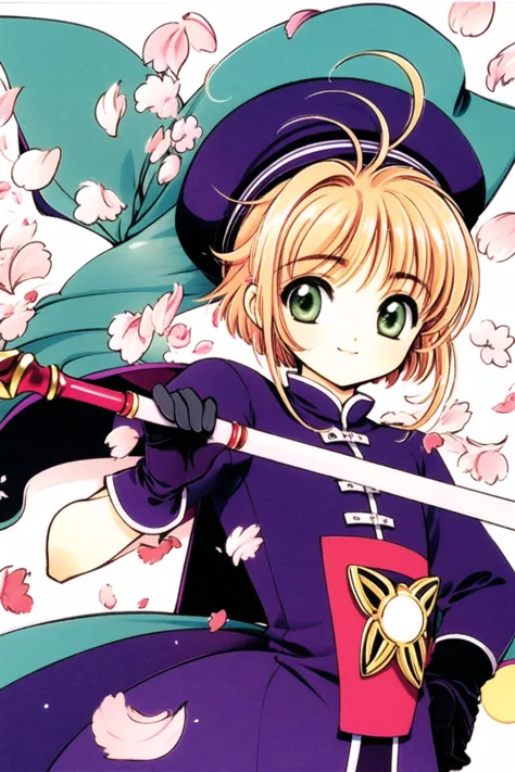 1girl, kinomoto sakura, solo, petals, green eyes, purple gloves, gloves, 1990s (style), hat, dress, smile, short hair, holding, looking at viewer, white background, retro artstyle, wand, brown hair, simple background, magical girl, bangs, closed mouth, holding wand, antenna hair, fuuin no tsue, purple headwear, sleeveless, chinese clothes,  <lora:Card Captor Sakura:0.8>