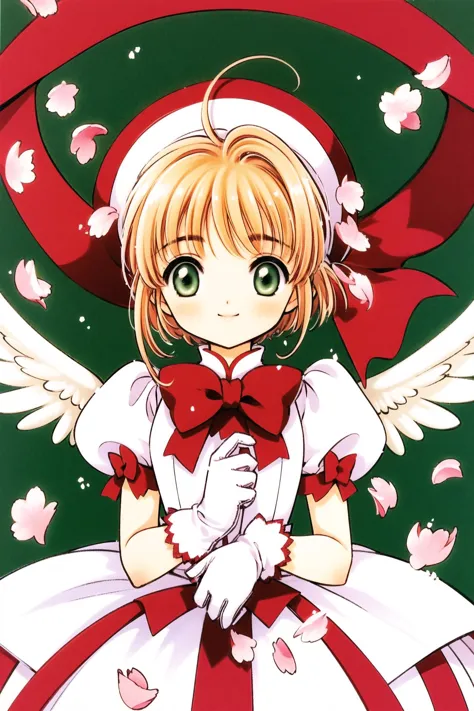 1girl, brown hair, kinomoto sakura, hat, gloves, dress, green eyes, white gloves, kero, wings, magical girl, bow, short hair, short sleeves, pink headwear, puffy sleeves, looking at viewer, puffy short sleeves, petals, smile, red bow, antenna hair, frills, solo focus, white wings,  <lora:Card Captor Sakura_v2:0.8>