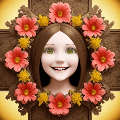 prompt: 
{
        "0": " masterpiece, portrait of a teenage girl with brown hair and a bright smile, surrounded by a floral fra...