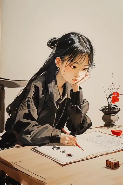 painting of a woman sitting at a table writing on a piece of paper