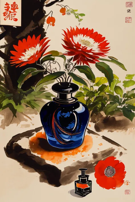 there is a painting of a vase with flowers in it