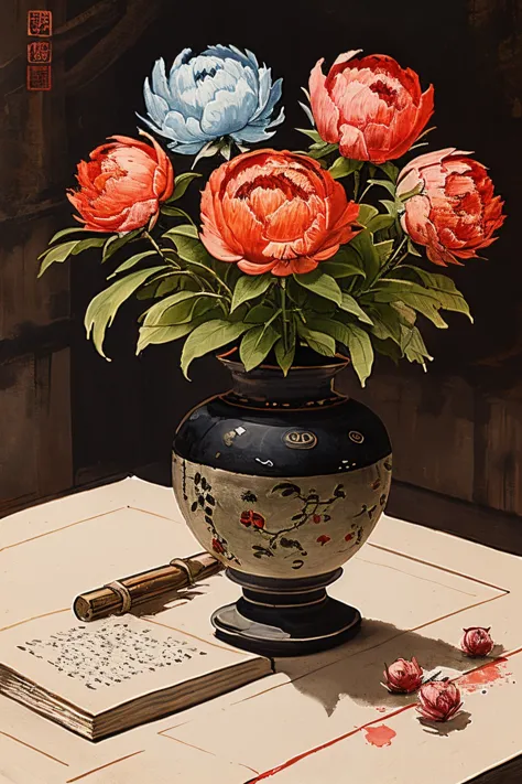 painting of a vase with flowers and a book on a table