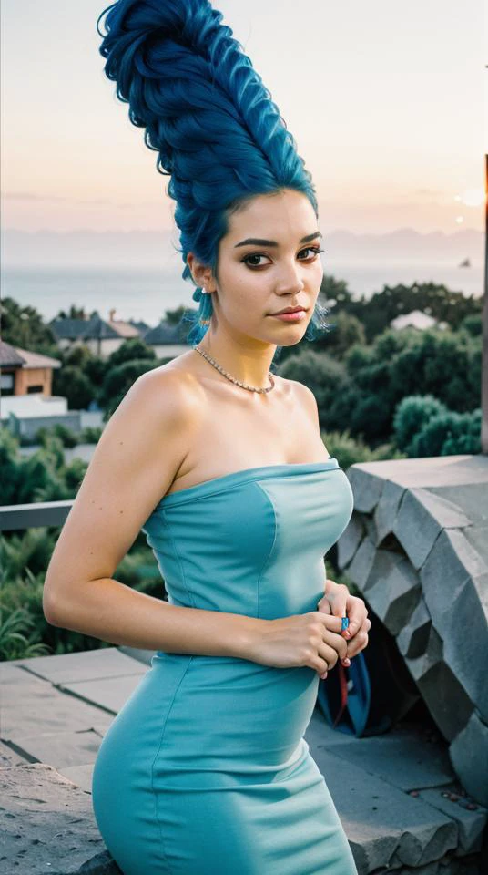 Porträtfotografie einer Frau, Marge Simpson, Blaue Haare, Allein, Sonnenuntergang, von vorne zum Betrachter, (Betrachter betrachten:1.3), (körnig:1.2),  