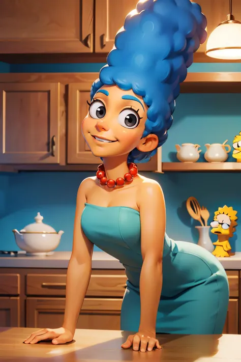 a close up of a cartoon character in a kitchen with a counter