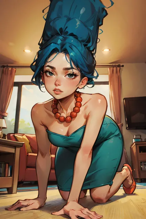 a cartoon picture of a woman with blue hair and a blue dress