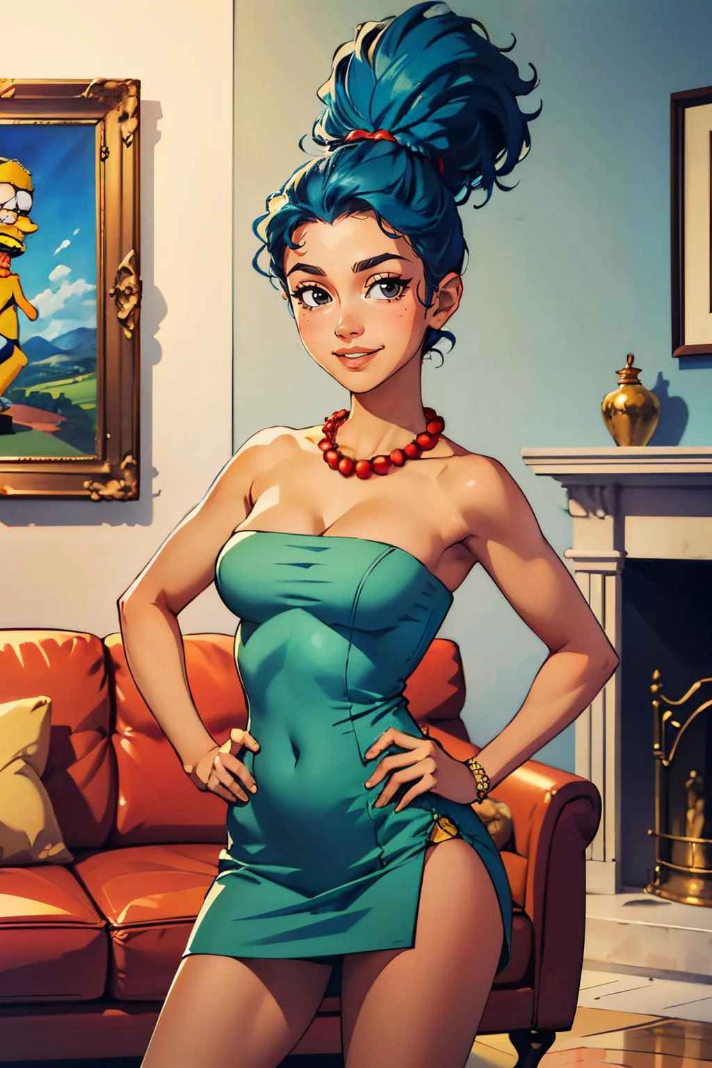 margesimpson, black eyes, yellow skin, afro, big blue hair, pearl necklace, strapless green dress, white panties, looking at viewer, smiling, standing, hand on hip, inside cozy living room, sofa, framed painting, playful ambiance, high quality, masterpiece,  