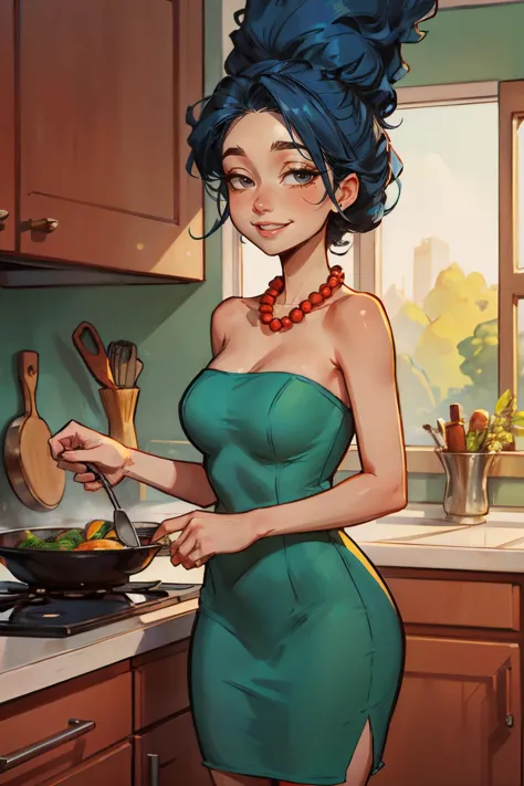 a woman in a green dress cooking in a kitchen