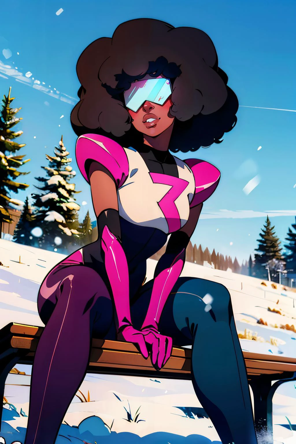 Garnet, dark skin, large retro sunglasses, afro, curly hair, chest plate, pink star on chest, elbow gloves, black and pink bodysuit, large shoulder pads, looking at viewer, serious, smirk, sitting, on bench, spreading legs, leaning forward, outside, field, snow, trees, winter, blue sky, high quality, masterpiece, 
