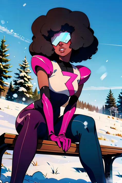 Garnet, dark skin, large retro sunglasses, afro, curly hair, chest plate, pink star on chest, elbow gloves, black and pink bodysuit, large shoulder pads, looking at viewer, serious, smirk, sitting, on bench, spreading legs, leaning forward, outside, field, snow, trees, winter, blue sky, high quality, masterpiece, <lora:GarnetShades:.8>