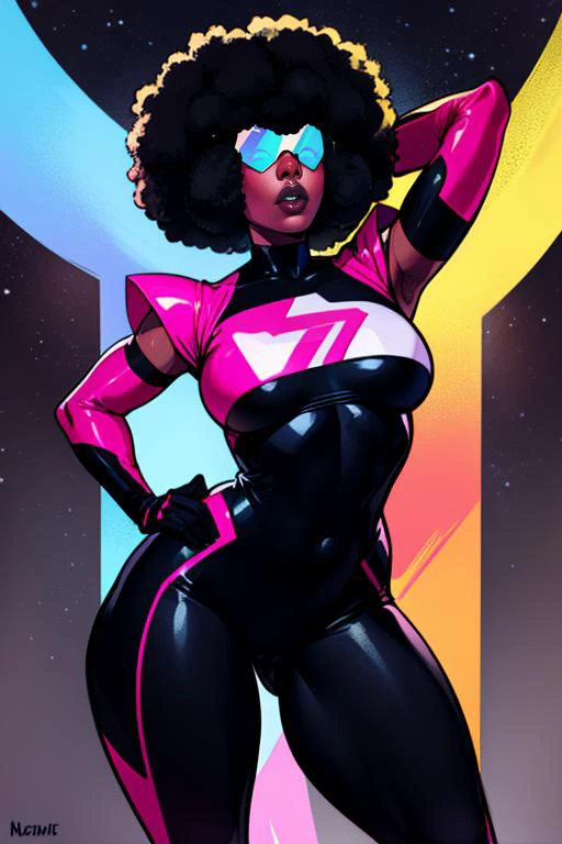 Garnet,  black square afro, lips, sunglasses, navel , posing, thighs, hips,  large breasts,  full body, close up, solo, posing,
outer space, stars,  dark corners, retro,
(insanely detailed, beautiful detailed face,  masterpiece, beautiful detailed  eyes, best quality)   