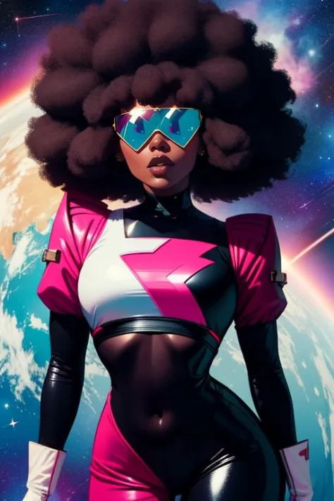 Garnet, squared shaped afro,  retro shades, navel , standing, close up,   upper body, hips, 
GaSuit , cropped chest plate with star, black and pink  bodysuit, large gloves, 
outer space, stars, 
 (insanely detailed, beautiful detailed face, masterpiece,  best quality)  <lora:Garnet-10v3:0.8>