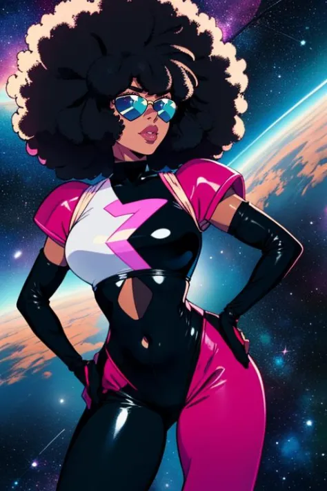 Garnet, black square afro, lips, sunglasses, navel , standing, hands on hips, close up,
 GaSut, cropped chest plate with star, black and pink  bodysuit, elbow gloves, 
outer space, stars, dark corners, 
 (insanely detailed, beautiful detailed face, masterpiece, beautiful detailed eyes, best quality)  <lora:Garnet-10v3:0.8>