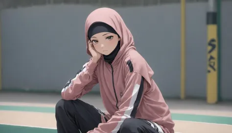 anime girl in pink hoodie sitting on a tennis court