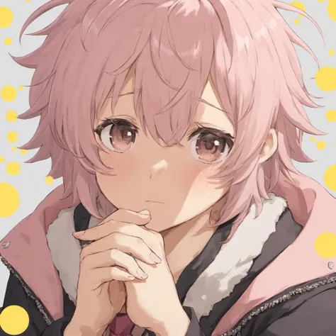 anime girl with pink hair and pink eyes and a pink jacket